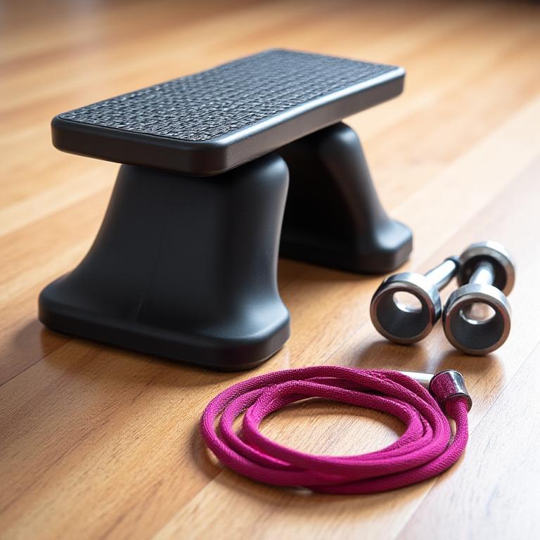 A bundle of adjustable dumbbells, a speed rope, and a compact stepper neatly arranged in a modern interior.